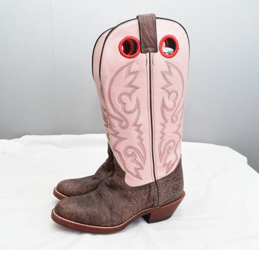 Double H Western Boots 8M Brown Pink Leather Cowboy Women Buckaroo Pull On